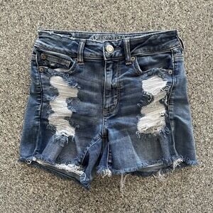 American Eagle Hi Rise Shortie Jean Shorts Size‎ 4 Next Level Stretch Distressed
